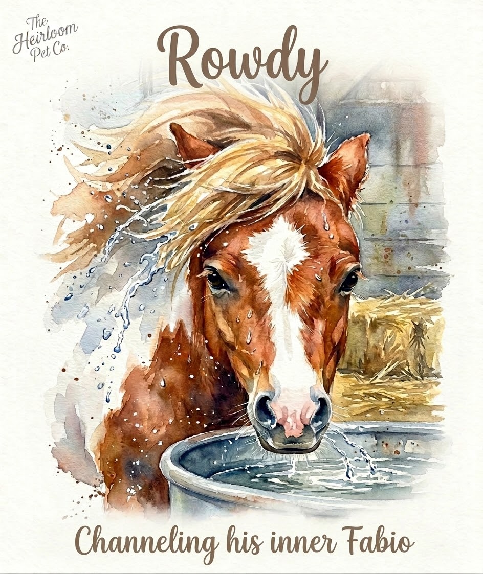Watercolor portrait of Rowdy, a chestnut horse with a flowing blonde mane