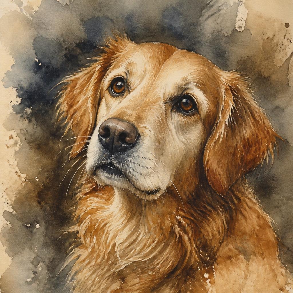 Watercolor portrait of a golden retriever